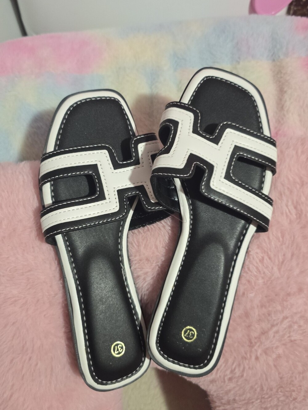 Black and White Slide Sandals - Women